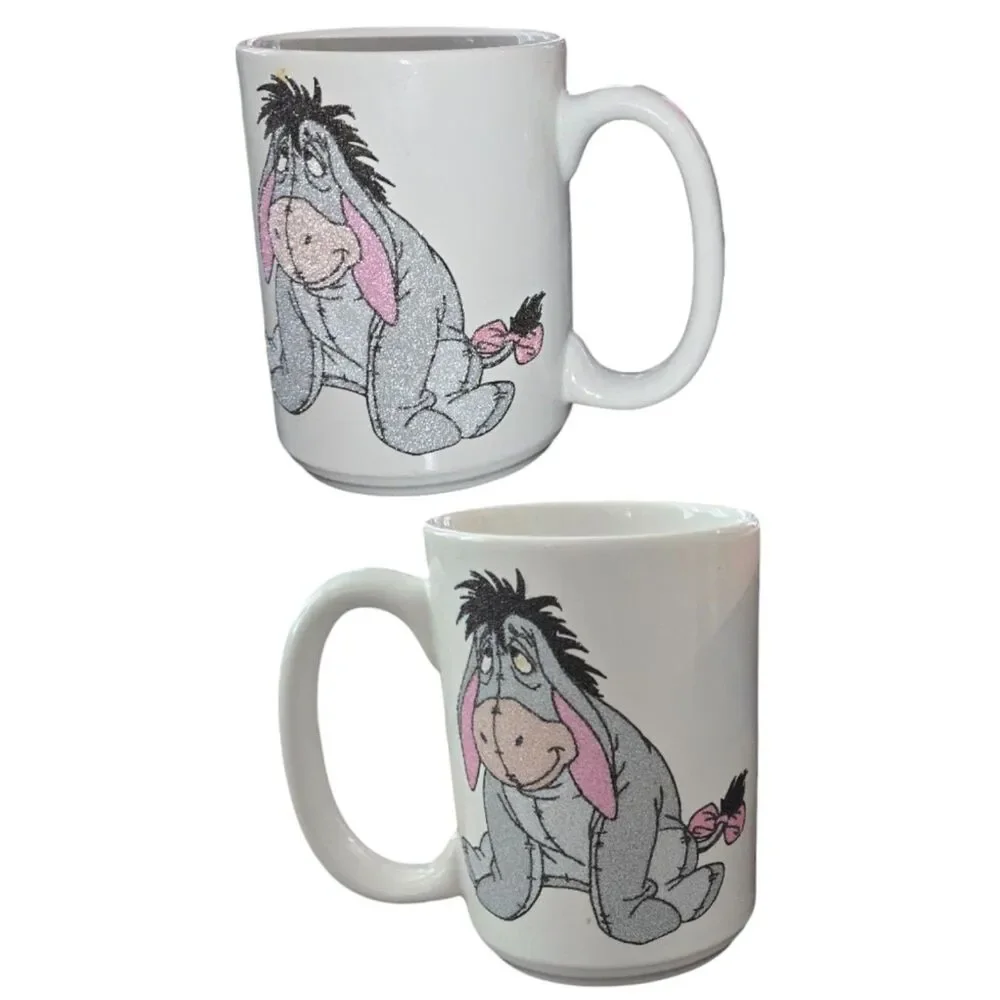 Disney Eeyore Coffee Mug Winnie the Pooh White Glitter Character Cup Vintage